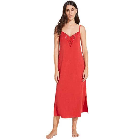 EUC Eberjey Naya Haute Red TENCEL Modal Lace Gown Slip Dress Size Small S/P - Picture 1 of 12